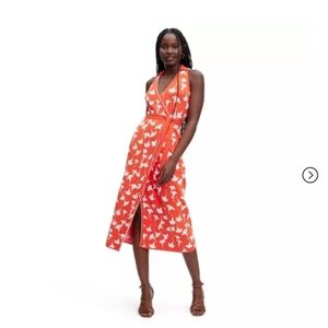 Women's Collared Sleeveless Ginkgo Cherry Tomato Sweaterknit Midi Wrap Dress -